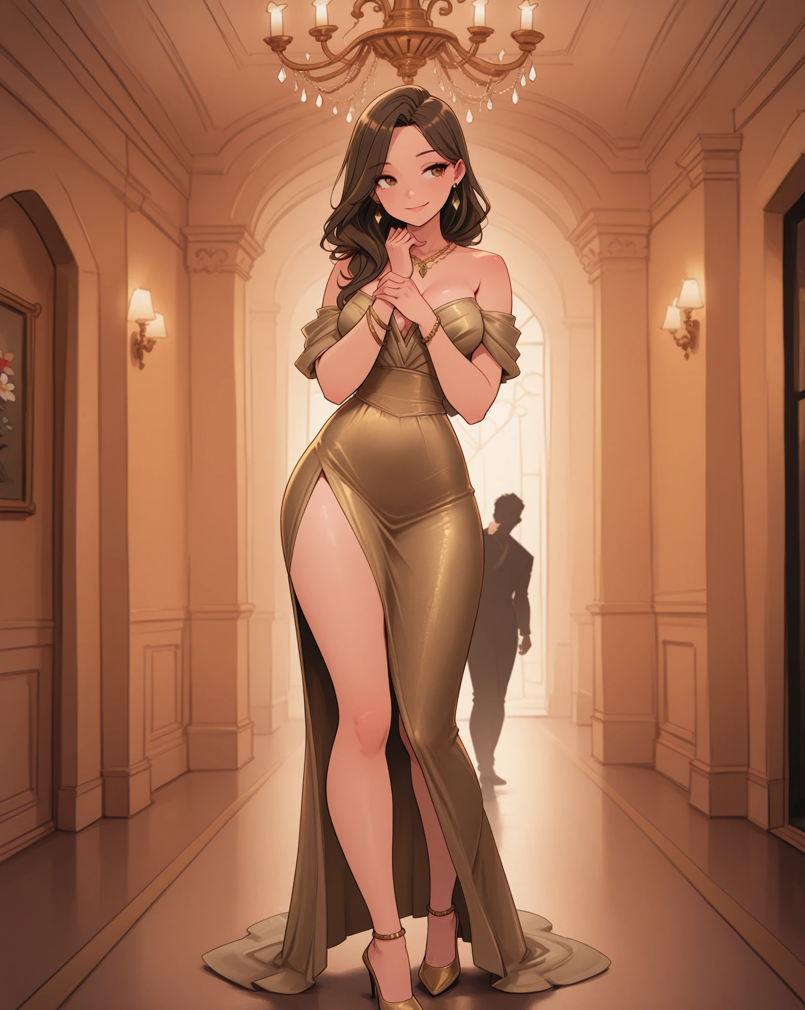 Anime - Estilo Mujer con un vestido negro de pie en un dormitorio, sonrisa, Anya de Spy X Family, succubus in tight short dress, Chica anime con un vestido negro, Cushart Krenz Key Art Femenino, Nico Robin, seductora chica de anime, Pose real elegante, commission for high resolution, De Girls Frontline, Retrato de cuerpo entero de un corto!, Escena de noire moody