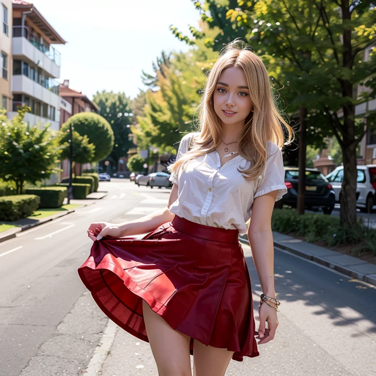 caucasian woman, blonde hair, wavy hair, long hair, hair in ponytail, olive green eyes, lined eyes, bright eyes, red lipstick, makeup, smile, toned body, athletic body, small breasts, (open legs), blue blouse, blue short skirt, white underwear, bracelets, standing, in city, ((shot from below)).