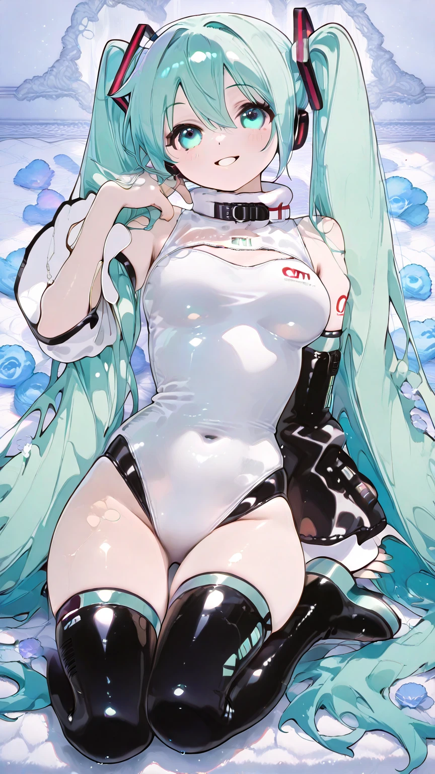 (8K、Top image quality、top-quality、masterpiece)、1 girl in、Twin-tailed、Hatsune Miku、light blue eyes、deadpan、Moderately breasts、(sky blue playboy bunny)、Put your hands on your hips、(white pantyhose)、cowboy shot、is standing、Taken from below、Stage Background