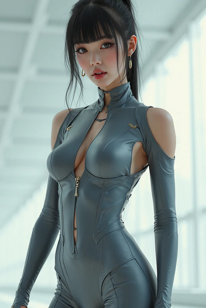 (nsfw),Best Quality, Realistic, (1girl:1.8), (gray short hair girl), with fair skin and seductive blue-eyes, damp skin, detailed face, huge eyes, very small face, detailed eyes, big eyes, dropy eyes, Double eyelid, Glossy eyes, ((Wearing thin fabric Latex tight Separate tipe bodysuit)), Adopt a curvaceous posture, damp skin, (in a training GYM studio), happy, Smiling, With a high ponytail and medium breasts, Wet udder、wet breastedium soft breasts、Ingrained skin, ingrown breast、bold exposure、wet skin、damp skin、captivate your audience、leaning forward、Adopt a curvaceous posture, (fog and mist Blurred background, Perfect and beautiful concrete background), (Inorganic and nostalgic white lighting),