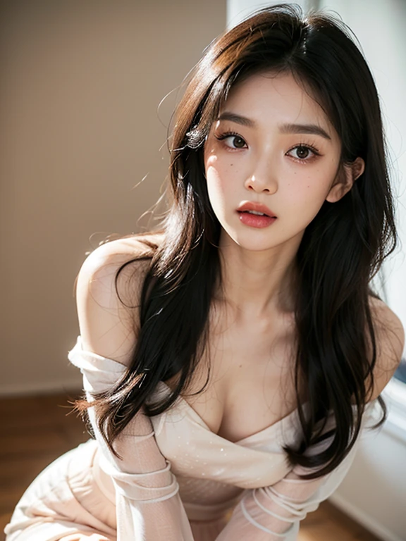 (10, RAW photo, top-quality),Realistic,1 Beautiful Korean Women,20 age,frontal,intricate detailed,gag,look away,Women's Focus,bara,White Dresses,Morning sky,gentle lighting,Cinematic lighting,portrait,With love,