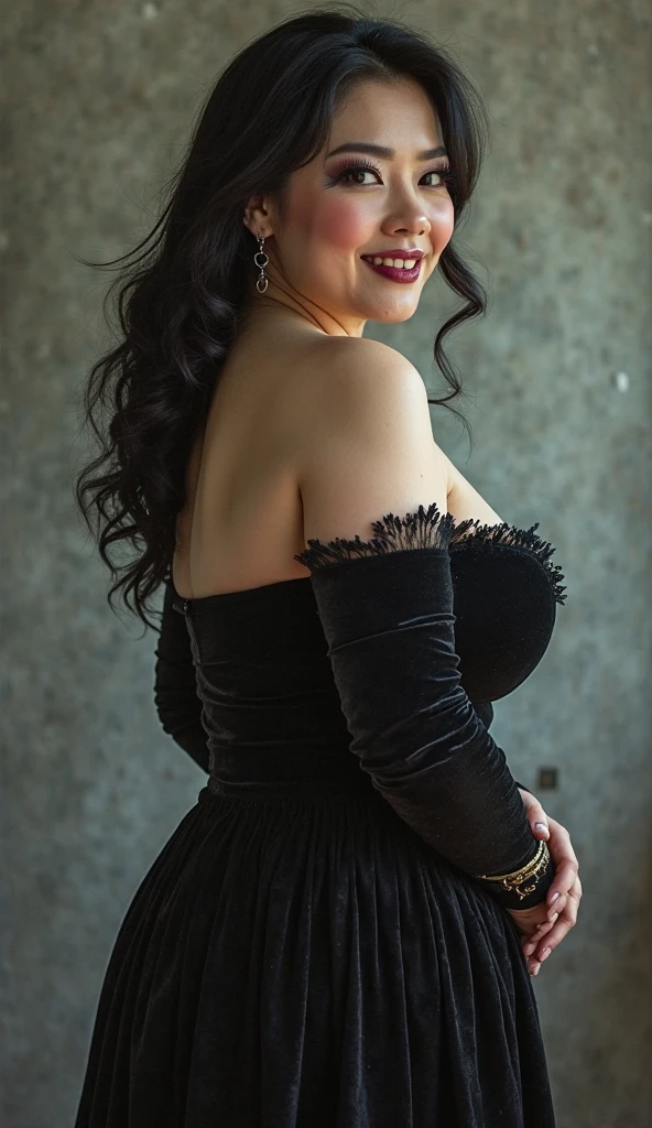 Full body photo of a mature woman of Royal Sister, Morticia Addams Beautiful and noble, Arrogant and isolated, big breasted athlete (thin) She had a modest updo、Sharp-looking brunette queen, Dark red middle ages dress, Long sleeve, Wide neck, Long dress, Tight bodice, (silver waist chain), A gem of the middle ages, middle ages, city, citywall, wall, outer, on top of a city wall, wood, countryside, evening, sunset.、Fat girl、Thick waist、Face of a young woman with plump body、Beautiful expression、Big Belly、Full body portrait、High heels、tail、Full body portrait、The whole body is projected, (A sadistic smile of temptation), (Curvaceous), ( Incredibly large and curvaceous hips), (Very big and voluptuous ass), (Incredibly thick thighs), (Glowing Skin), (Wet oily skin), plus size model, Morticia Addams,
