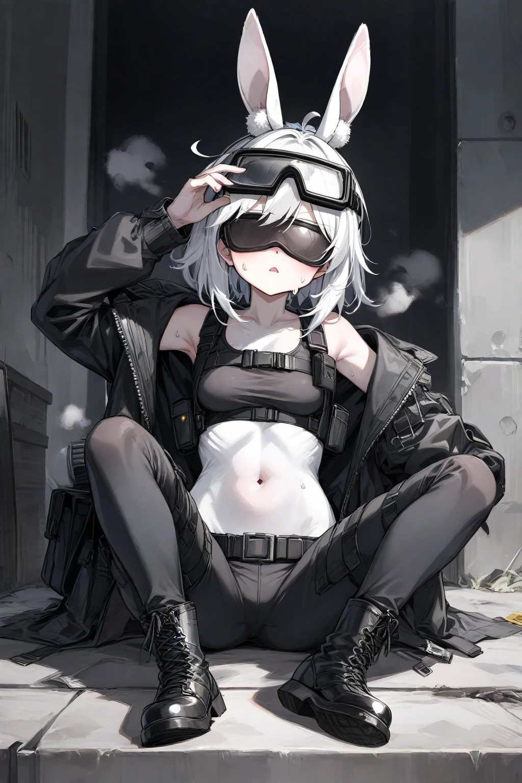 Beautiful young man, darkblue-haired, ((Gray eyes)),(short wave hair:1.2), (Black mask:1.2), White hoodie,clear wear,High quality, amount of drawing, pixiv illustration,(animal sticker:1.2),(NSFW:1.1),((spread legs:1.1)).