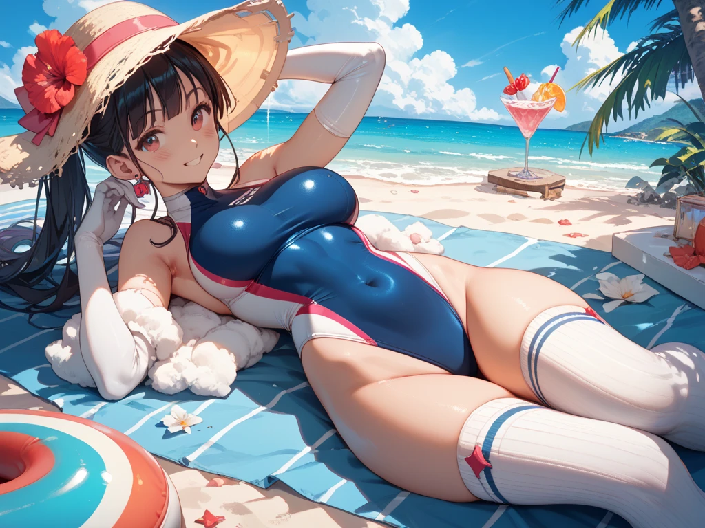 Masterpiece, high quality, High Definition, definition face, a woman, serious face, black hair, short with braid, (Marnie from pokemon) with a swimsuit, background beach, with an umbrella and lying on a blue stretcher, with a drink table, whole body, bare feet, soles