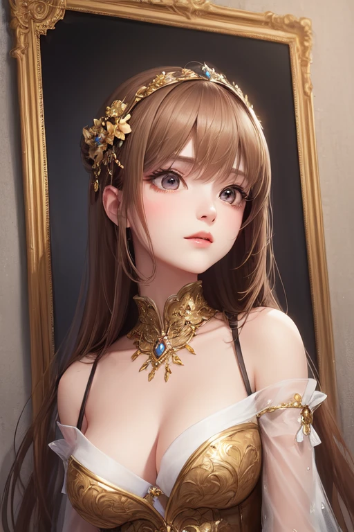 Pornographic Images,Cinematic scene,Fantasy Art,Highest image quality,(hyperrealistic portrait),(8K),Ultra-realistic,Best Quality,High quality,High Definition,high quality texture,high detailing,Beautiful detailed,fine detailed,extremely details CG,Detailed texture,realistic representation of face,masutepiece,presence,Dynamic,Bold,1gir,Ultra detailed skin,Curve,Petite,Beautiful breasts,Large breasts,pale skin,pointed breast,Erect nipples,(super thin hair),(ultra soft hair),(ultra straight hair),Swept long bangs,very light coppery amber hair,Hair over one eye