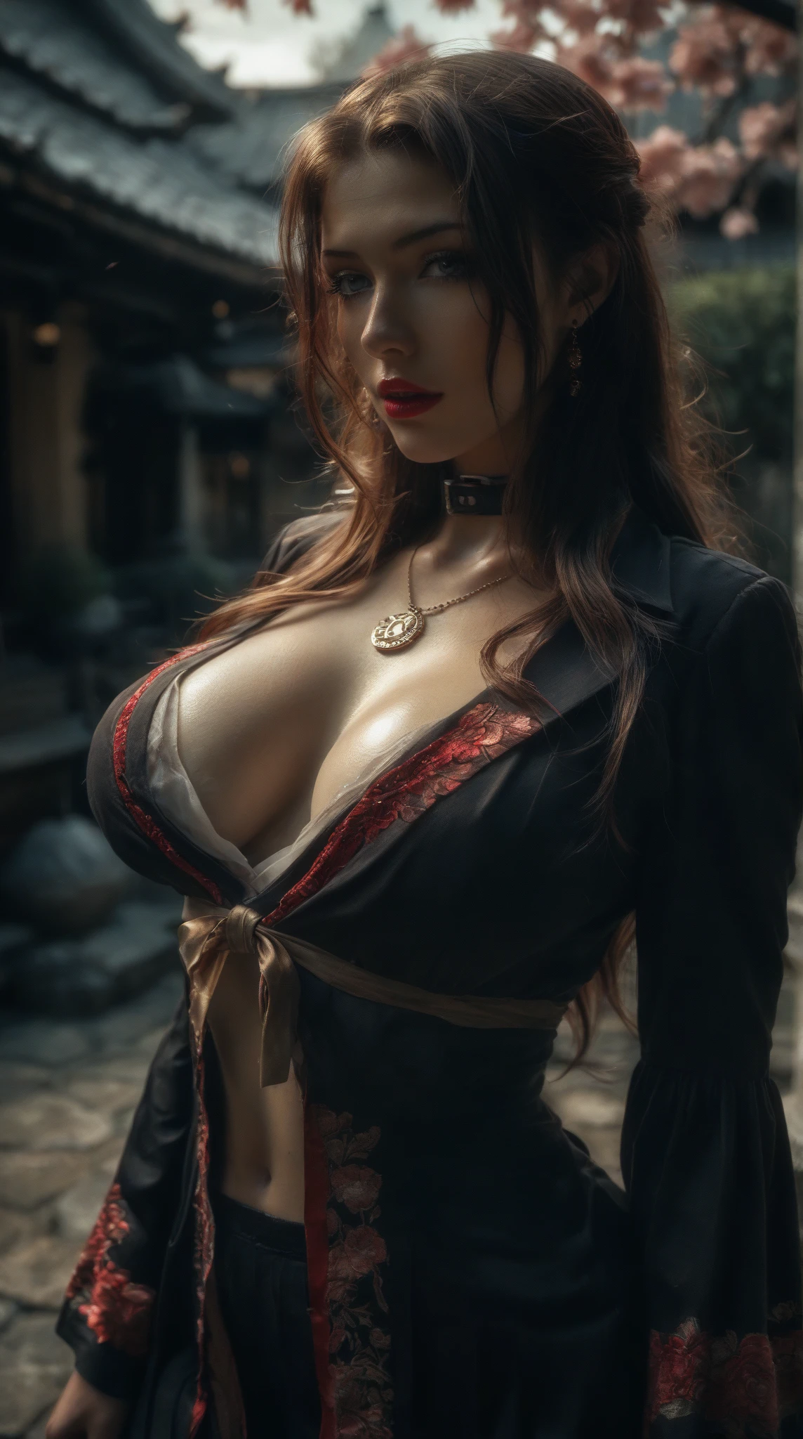 a woman in her late 30s, chubby physique, long straight dark brown hair, tousled hair ties up in ribbon, freckles, flushed cheeks, wearing a choker, large breasts, curvy figure, (best quality,4k,8k,highres,masterpiece:1.2),ultra-detailed,(realistic,photorealistic,photo-realistic:1.37),detailed portrait, cinematic lighting, natural skin texture, intricate details, dramatic colors, moody atmosphere, seductive pose, medieval maiden