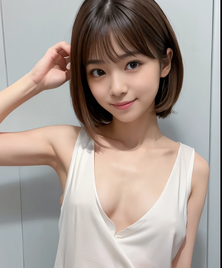 (in 8K、top-quality、​masterpiece:1.2)、(realisitic、Photorealsitic:1.37)、ultra-detailliert、Natural sunlight、mideum breasts、I can see the cleavage、1 persons、35-year-old woman、Dark hair、short-hair, bobhair, straight haired, Pendants、Torn shorts、Light Knit V-Neck Shirt、sleeveless shirts、perform in public、extremely detailed face and skin、A detailed eye、extremely detailed face and skin