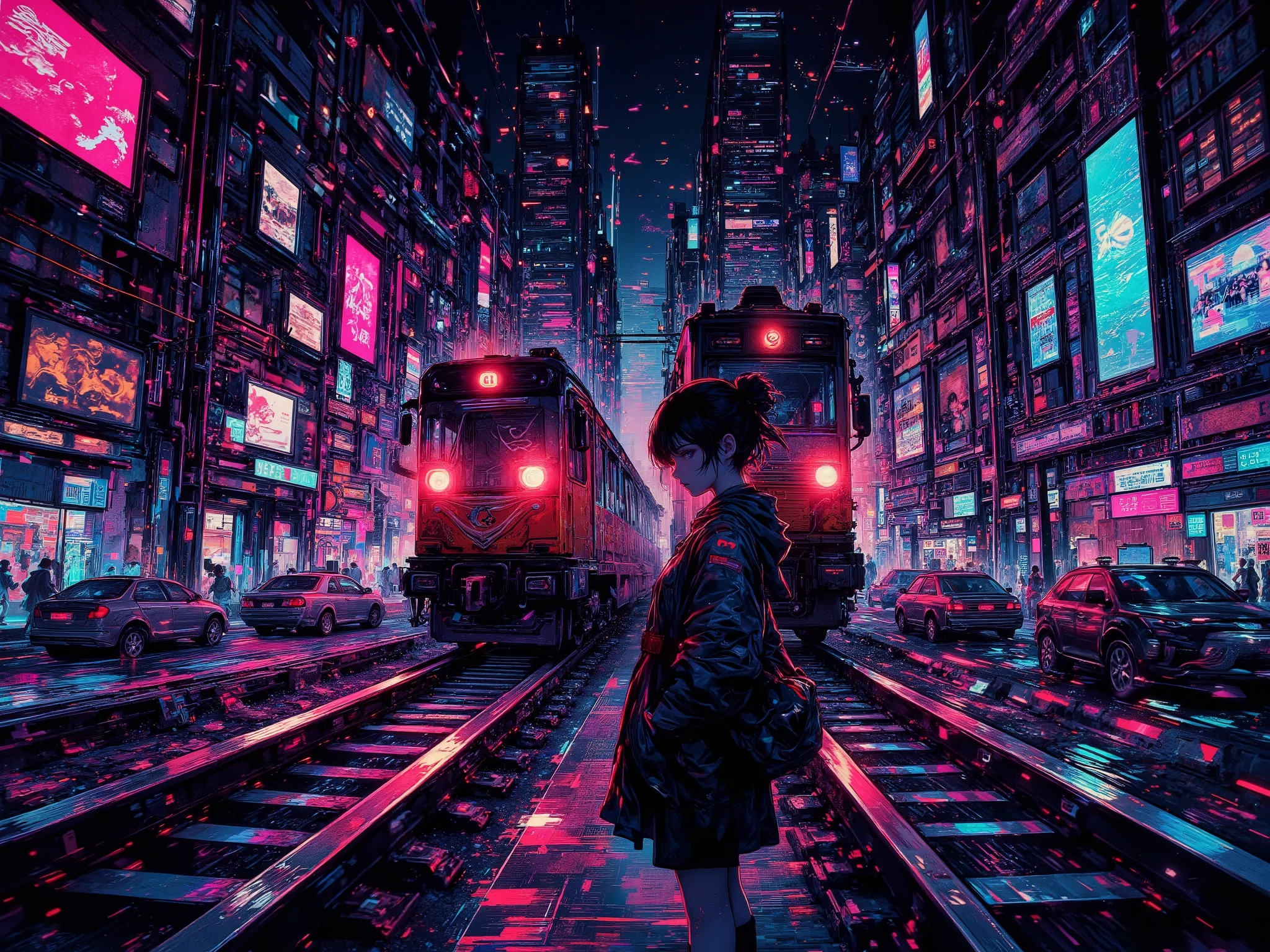 1girl from front,street lights, neon-color black light, tilt dutch angle,,fisheye-lens, (glitchy noise), waving hand bye-bye,(multicolor glitch,glitch,neon), overly detailed pupils,glowing,chromatic aberration,railroad crossing,distorted,train comming from behind with blight headlights,chibi