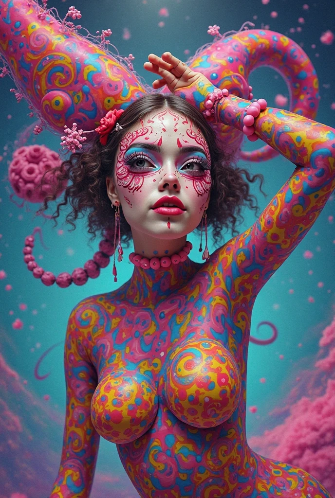 a woman with a neon makeup and lingerie lace full body , transgressive art, sharp focus, 8 k, octane render , saturated colors, pastel colors