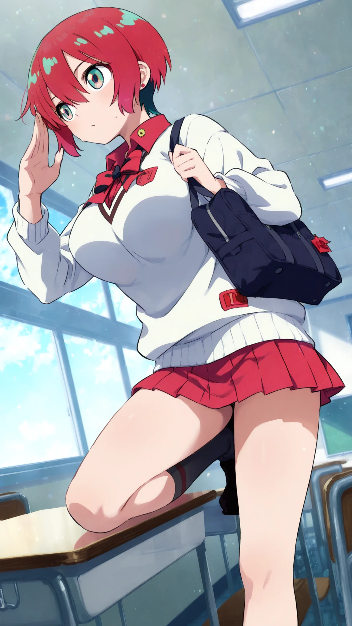 CG, Unity, 8K, wallpaper, Highest quality, masterpiece, cute girl is singing, Amami Haruka, (smile: 1.3), Please open your mouth wide, Small symmetrical ribbons on either side of the head, (Red Skirt: 1.3), (Skirt Lift:1.5),((????? in full view:1.5)),(Detailed ?????) break, (White Stockings: 1.3), Sweaty, Best lighting, Complex pupil, Complex weaving, Detailed Background, on stage, Particles of light, Singing on stage as a top idol