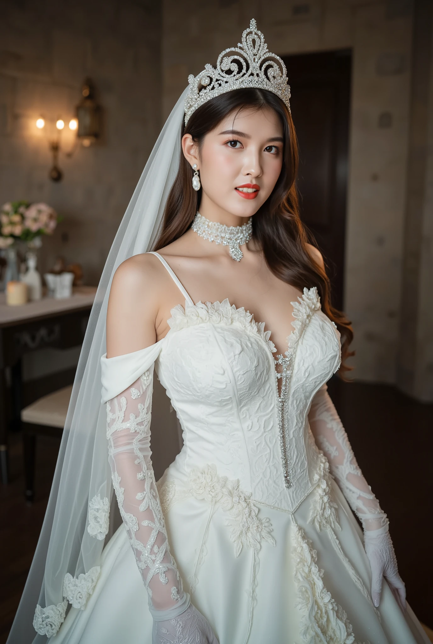 (masterpiece), best quality, highest quality, extremely detailed CG unity 8k wallpaper,original,highres,(depth of field:1.5),realistic:1.3, big breasts, cleavage, Bridal_Portrait_Style,1girl, curtains, lips, realistic, solo, bra, dark blonde_hair, red_lips, photorealistic, wedding_dress