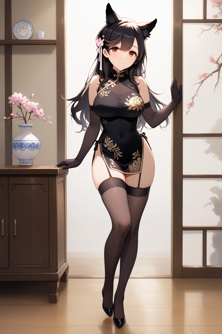 (((top-quality,hight resolution,in 8K,Super masterpiece,Best Quality))),(Black long-haired:1.3),(Red Eyes:1.2),(Wolf ears:1.4),(Black cheongsam:1.3),Plump milk,Beautiful fece