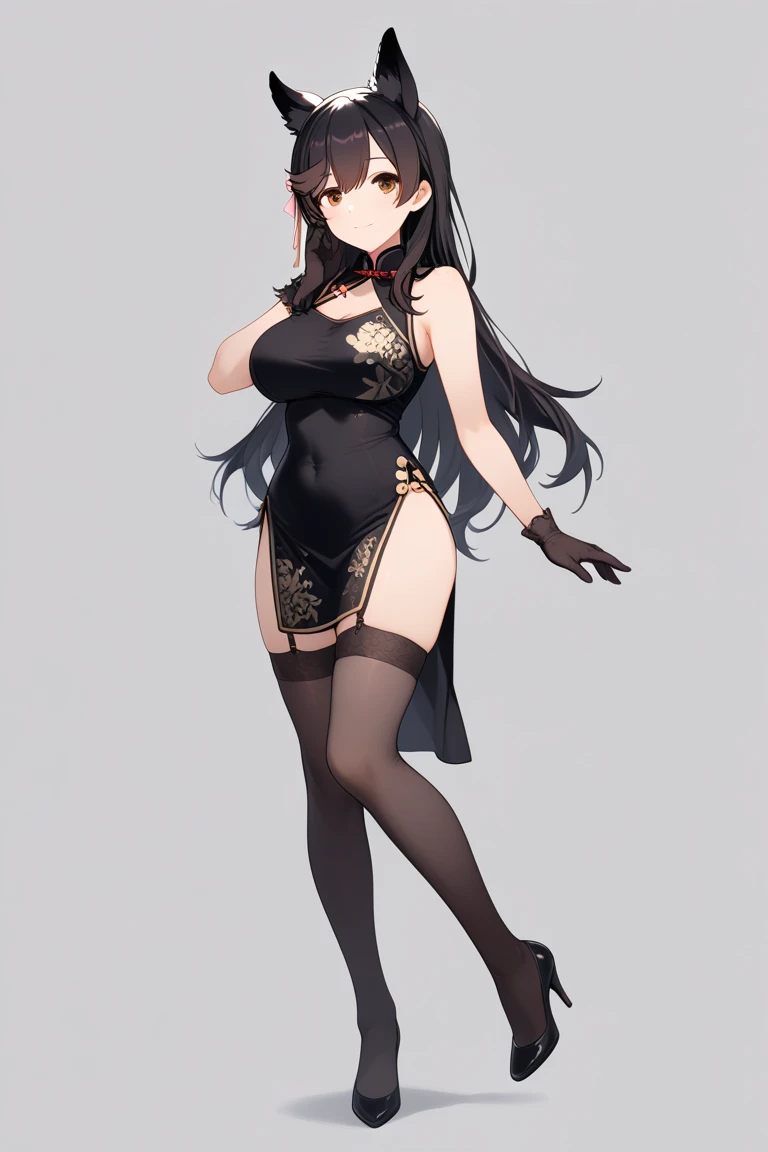 (1girl:1.2),(solo:1.2),chinese clothes,brown hair,dress,braid,hair bun,asymmetrical clothes,china dress,double bun,thighhighs,brown eyes,gloves,full body,asymmetrical legwear,standing,breasts,twin braids,uneven legwear,single thighhigh,clenched hands,(simple background:1.2),bun cover,looking at viewer,