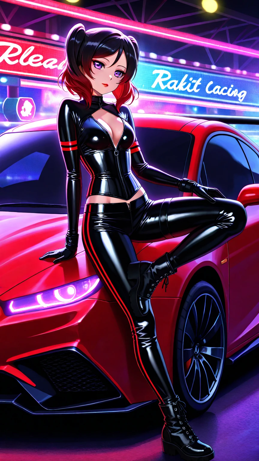 uma mulher africana, vestido vermelho, Motorsport, Lamborghini, advanced technology, futurista, sci-fi, Ultra-high-definition image, obra de arte, extremamente detalhado, 4k, riqueza em detalhes