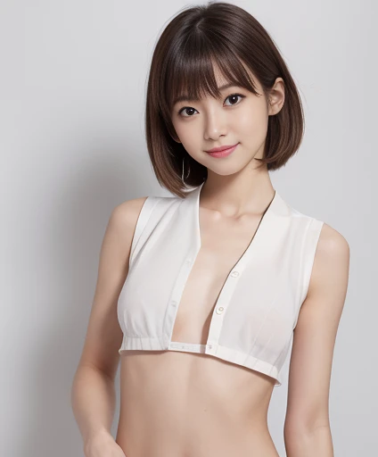 Picture taken from the front, with the left and right sides equally spaced, draw symmetrically, simple background, stand upright, upper body, (arms behind back:1.5), One girl, very short hair, (camisole, sports panties)