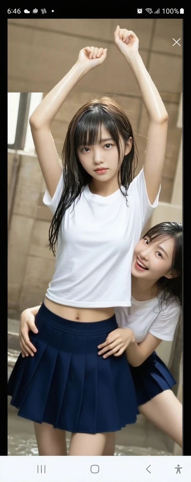 cute, two girls, elementary school students, , black hair, ponytail, school track suit, white short sleeves, (((no pants))), innocent smile, (shiny skin), big bust, ((no bra)), ((no underwaer)), ((see-nipple)), (((wet))), (((see-through)))