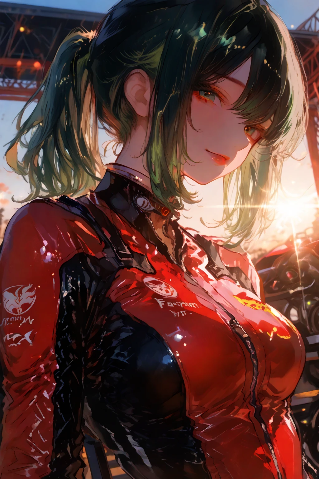 Ultra, high resolution, 1girl, solo, green hair, wavy hair, long hair, ((red eyes)), glowing eyes, sultry eyes, juicy lips, plump lips, glossy lips, soft blush, dolly face, eyelashes, eyeliner, large breasts, pale skin, ((red latex dress)), ((short dress)), realistic background, warm lightning, very detailed clothes, very detailed face, very detailed eyes, very detailed hair, ultra, best quality, masterpiece, looking at viewer, in love with the viewer, full body, posing seductively.