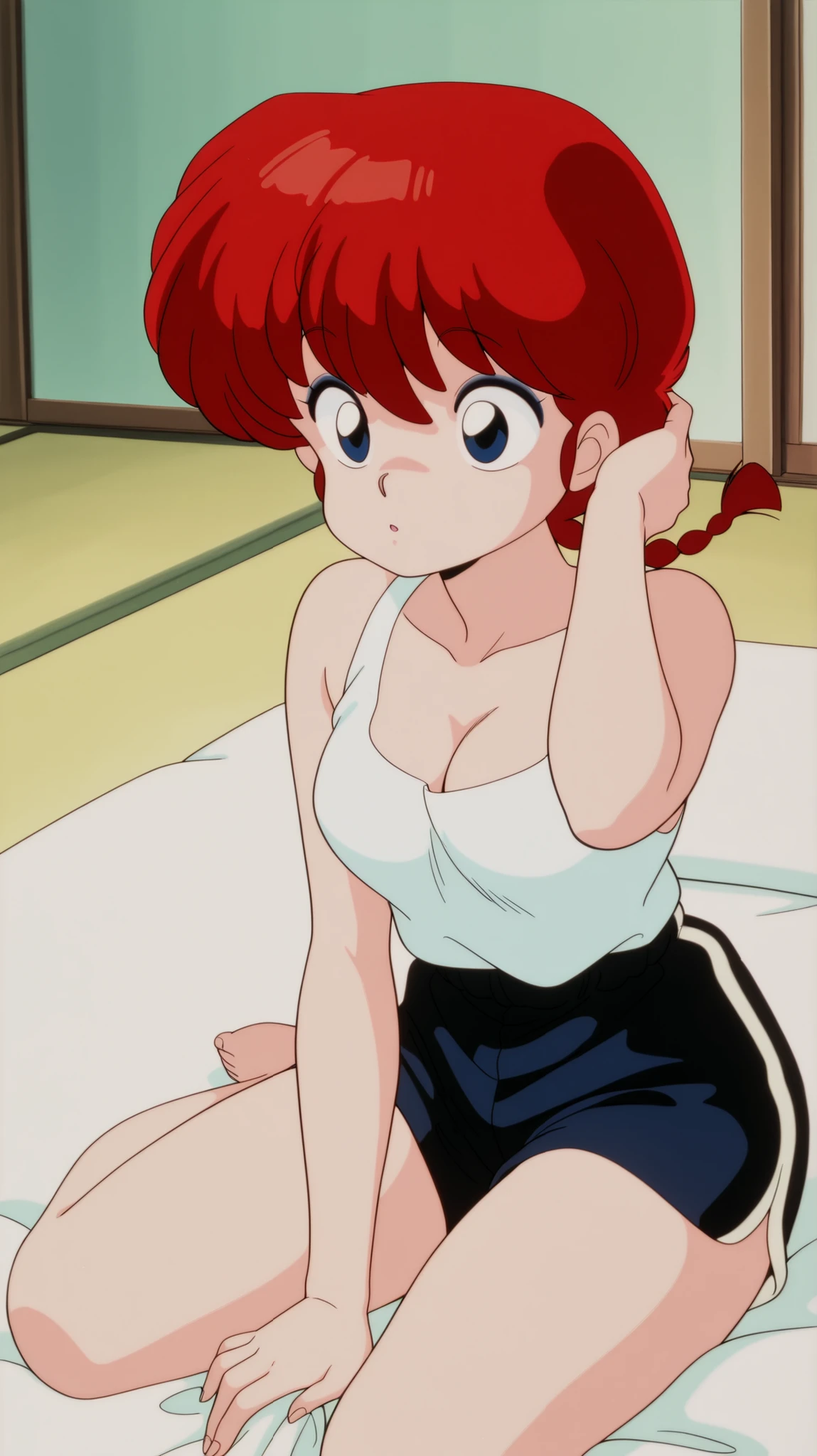 masterpiece , best quality , newest , absurdres , highres , detailed eyes , beautiful , detailed background , perfect eyes , anime coloring , retro artstyle , 1990s \(style\) , 1girl, solo, ranma-chan, red hair, long hair, single braid, blue eyes, medium breasts, white rank top, cleavage, gym shorts, barefeet, (sitting), (indoors, bedroom, on futon, tatami floor), hand on head,