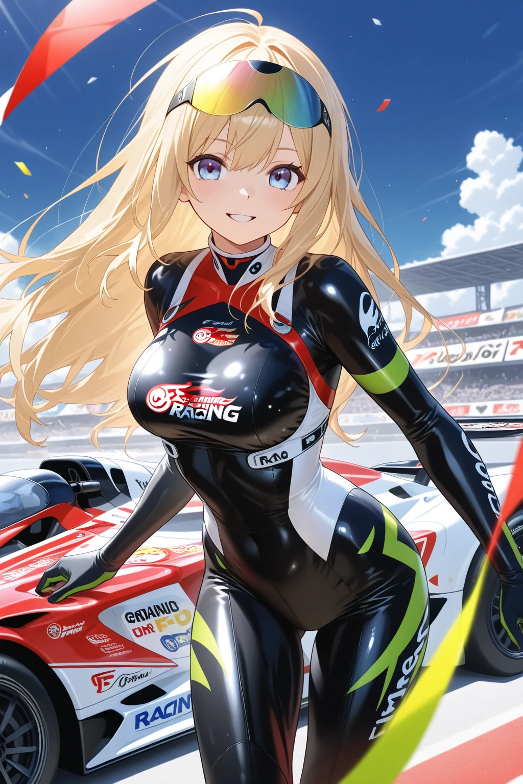 Highest quality,masterpiece,Auto racing circuit,Supermodel,Checkered Flag,smile,Race Queen