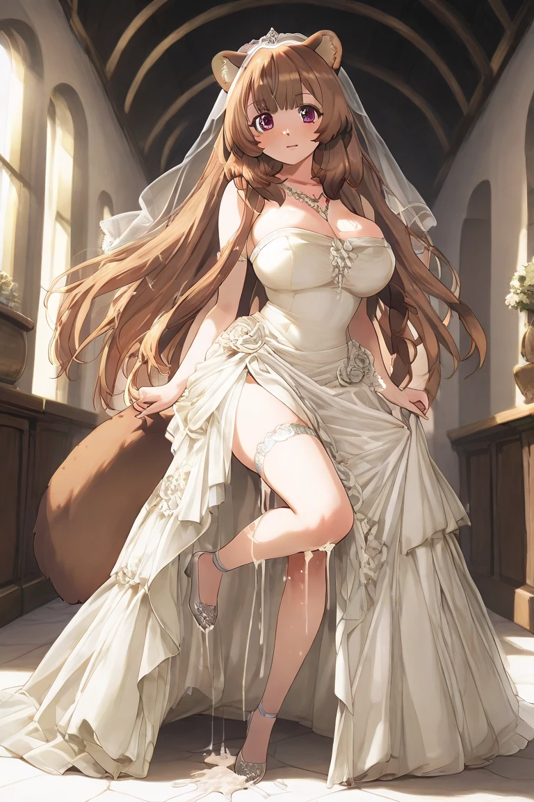 Draw a young womam with a pair of brown bunny ears and tail. Has a long, wavy soft ash brown hair with white and pale pink highlights at the end which looks fluffy and soft to touch. A large, innocent doll-like ruby eyes, soft pink lips and quite the chubby cheeks. 150 cm tall, her small and petite body is curvy. Large, soft and bouncy G cup breast. Wears a black collar with bell on her neck. Full body