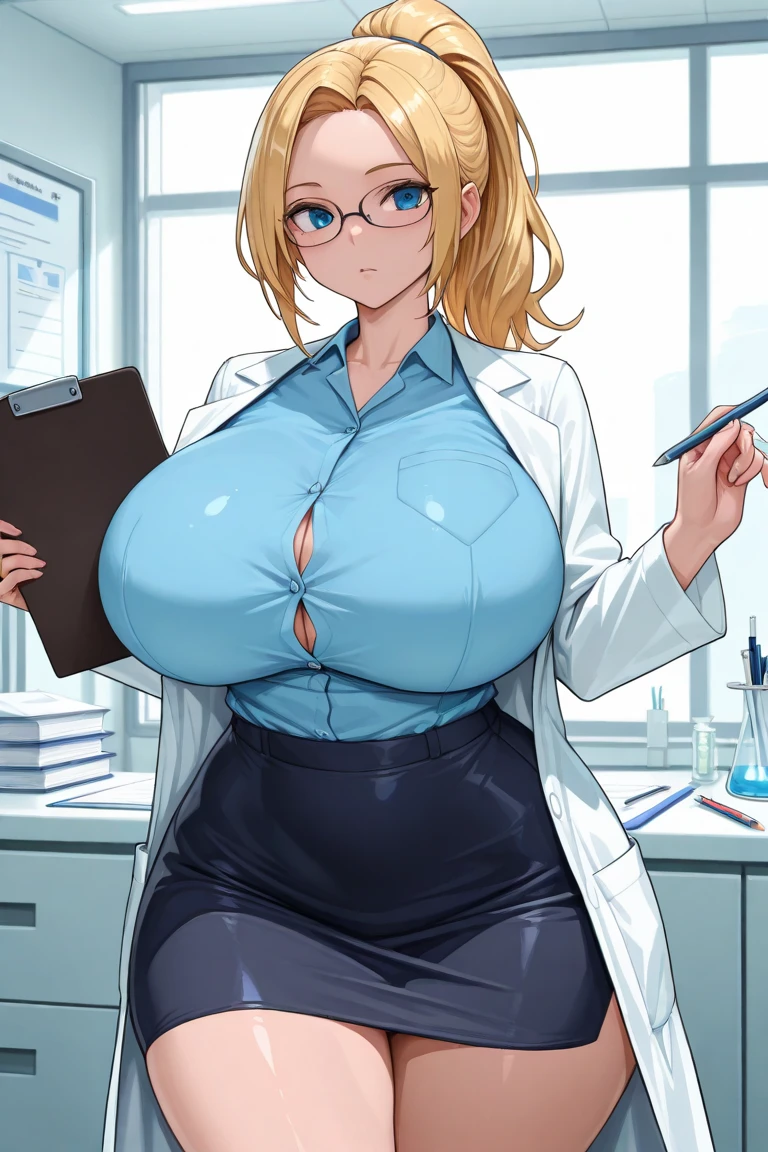 Silvia Saint huge breasts blonde hair attractive face parted lips thick lips wearing lab coat and shirt and glasses in lab