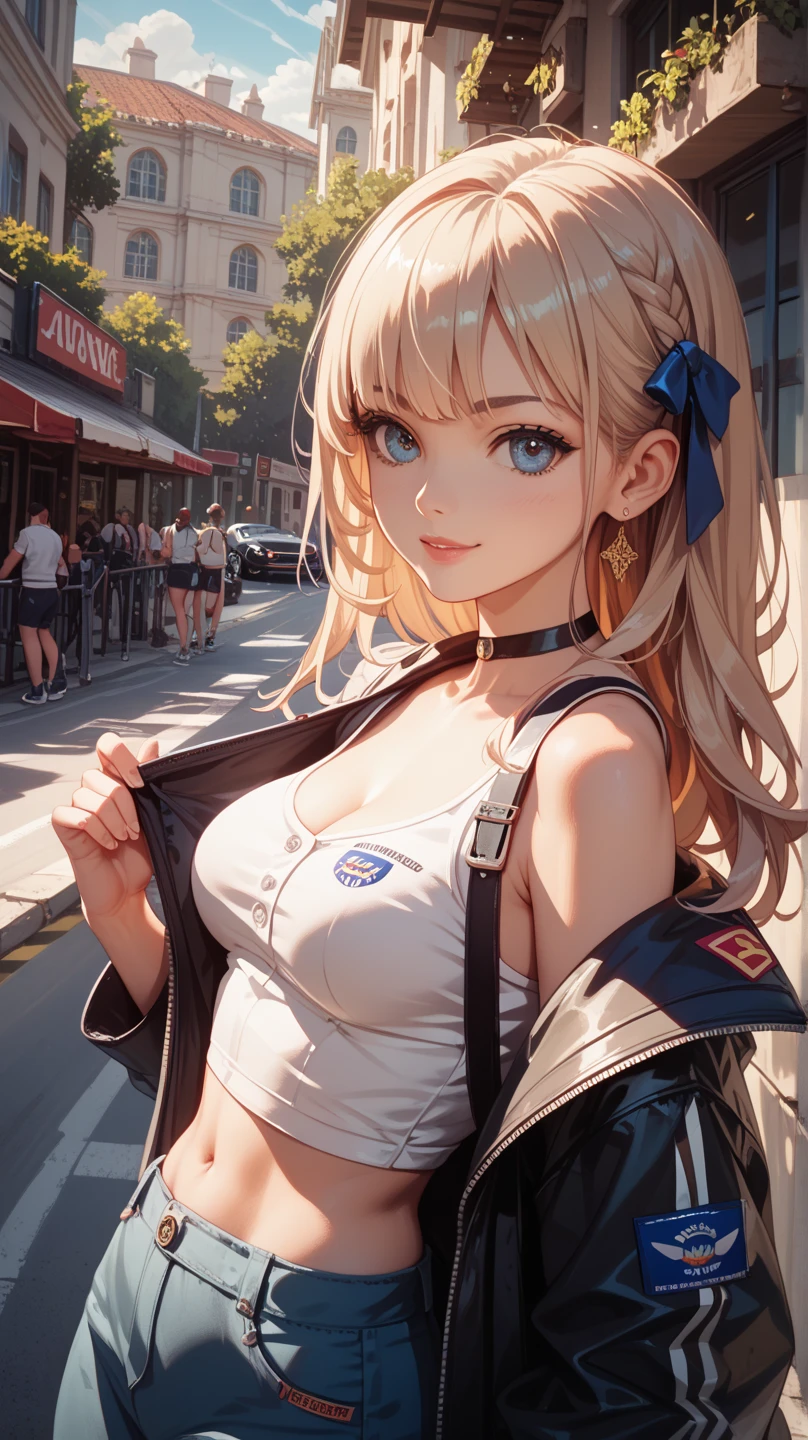 masterpiece, best quality, ultra-detailed, photorealistic, illustration,(1girl),beautiful detailed eyes, rooftop, (sunlight:1.2), (from above:1.1), leaning against railing, wind blowing hair, school, medium breasts, (breasts out:1.3) open zip jacket, cropped top:1.1), parted lips, pleated skirt