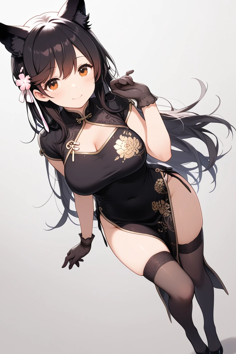 (masterpiece, best quality:1.2),illustration,8k,hd,1girl,solo,cowboy shot,dsr-50 (girls frontline),standing,china dress,chinese clothes,brown hair,large breasts,hair flower,lace-trimmed legwear,hair ornament,red dress,underwear,red eyes,lace trim,brown thighhighs,pelvic curtain,side slit,smile,cleavage cutout,blush,clothing cutout,red footwear,sidelocks,black panties,very long hair,garter straps,blunt bangs,shoes,detached sleeves,black thighhighs,high heels,bangs,ahoge,garter belt,bare shoulders,side-tie panties,<lora:Dsr-50(gf)>,