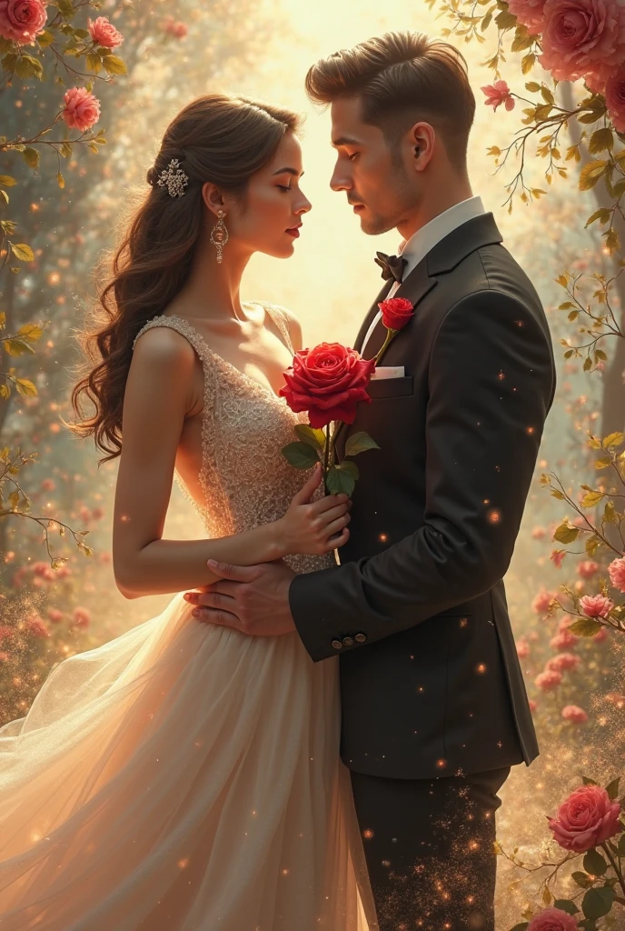 In a romantic atmosphere,couple cuddling,Walk in the Sea of Roses,Under the stars,Feel the romantic theme of Valentine's Day。