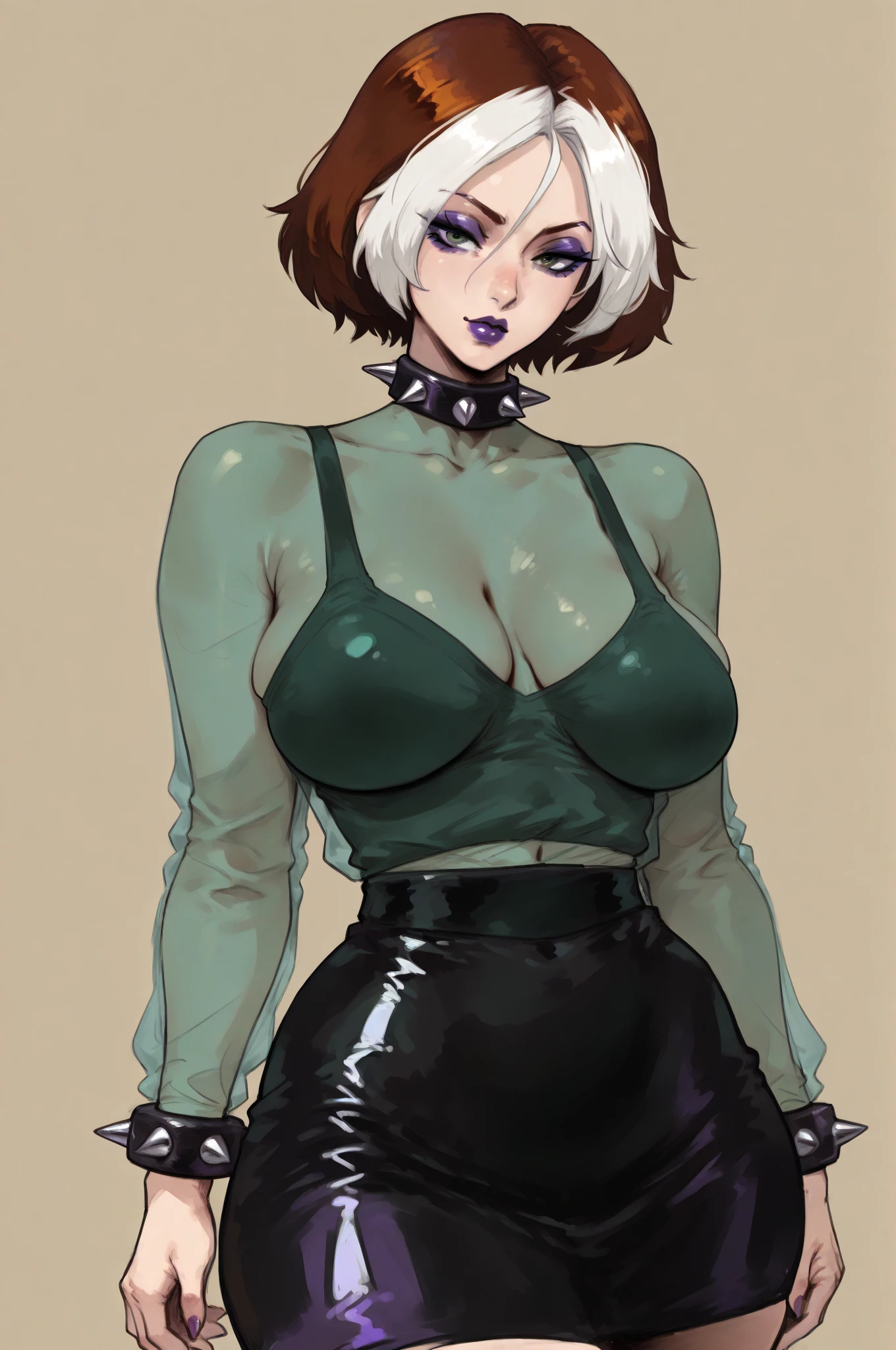Beautiful, Elf, gothic, woman, busty, big breasts, plumps lips, short dark blue hair, bob cut, green eyes, small waist, hourglass body, black and gray striped top, long sleeves, studded belt, black ripped jeans, early 2000s goth, smirking, sexy pose