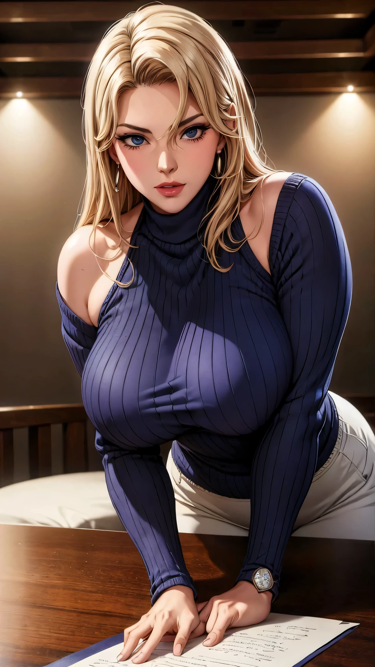 realistic, woman, turtleneck sweater wearing, garter belt wearing, sexy pose, smiling face