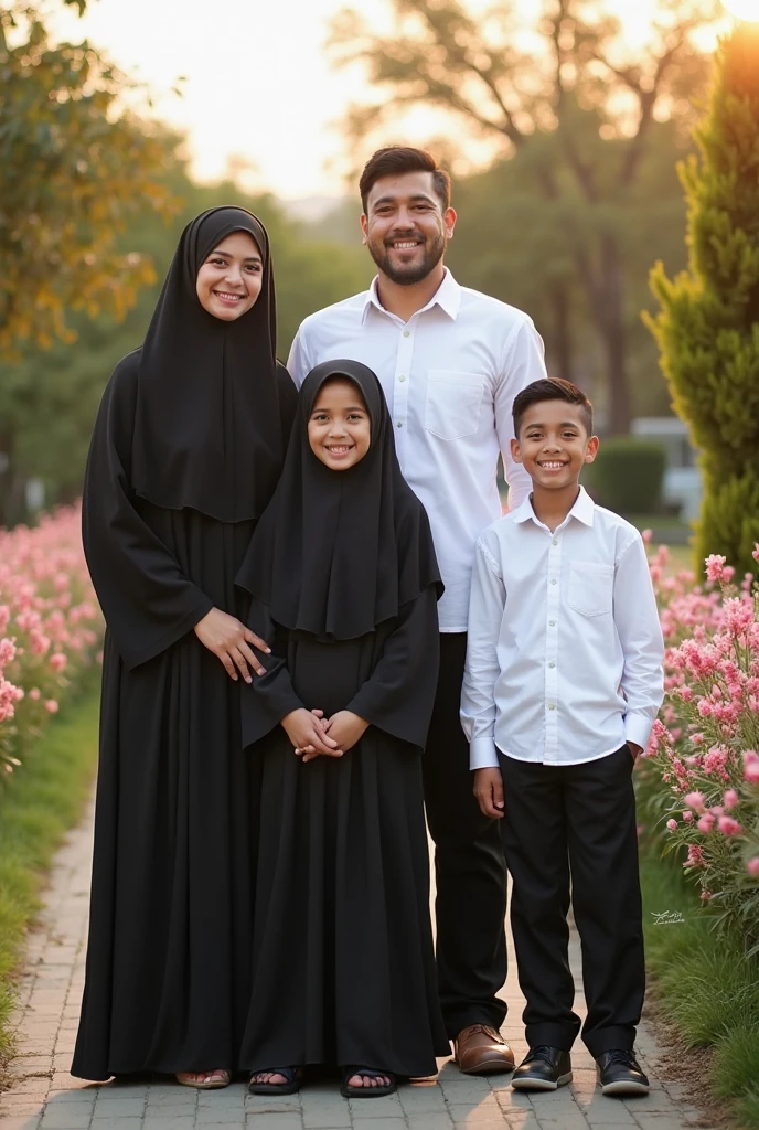 Family photo consists of father mother and a son aged 3 years, mother wearing black hijab father and son wearing black shirt long pants.