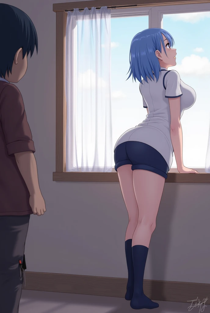 mizore yorizuka, yoroizuka mizore, long hair, bangs, blue hair, pink eyes,skirt, shirt, long sleeves, , pleated skirt, serafuku, neckerchief, brown skirt, white sailor collar, brown shirt, kitauji high , blue neckerchief,,,,,aged up,,,,score_9, score_8_up, score_7_up, score_6_up,source_anime,,1girl,dim lighting,in bedroom,horny,in heat,,heavy breath,shiny skin,sweat,,,,torn thighhighs,, Pov Standing Doggy Style, curving back towards viewer,back shot,look back,shy,