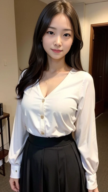 Beautiful detailed face、Pale skin、Realistic glowing skin、Detailed cloth texture、Detailed hair texture、Perfect body、Beautiful Face、correct、Anatomically correct、 Highly detailed face and skin texture、Natural neck length、(Beautiful Hands)、(Fair skin:1.2)、Thin legs、Thin legs、detailed eyes、Symmetrical eyes、Light brown eyes、double eyelid、Thin eyebrows、(Glossy Lips:1.4)、((Gentle smile:1.2))、(blush:1.1)、 (Elegant and cute girl:1.3)、Medium-sized large breasts、(Slim body type:1.1)、Toned Abs、Beautiful clavicle、 (Dark Blonde、Wavy Hair、Long Hair:1.2)、 ((Asymmetrical bangs:1.2))、 ((In a stylish office at night:1.4))、(Cowboy Shot:1.2)、standing gracefully、White long sleeve button up blouse_With collar_Remove up to the second button＿wearing blue flared mini skirt