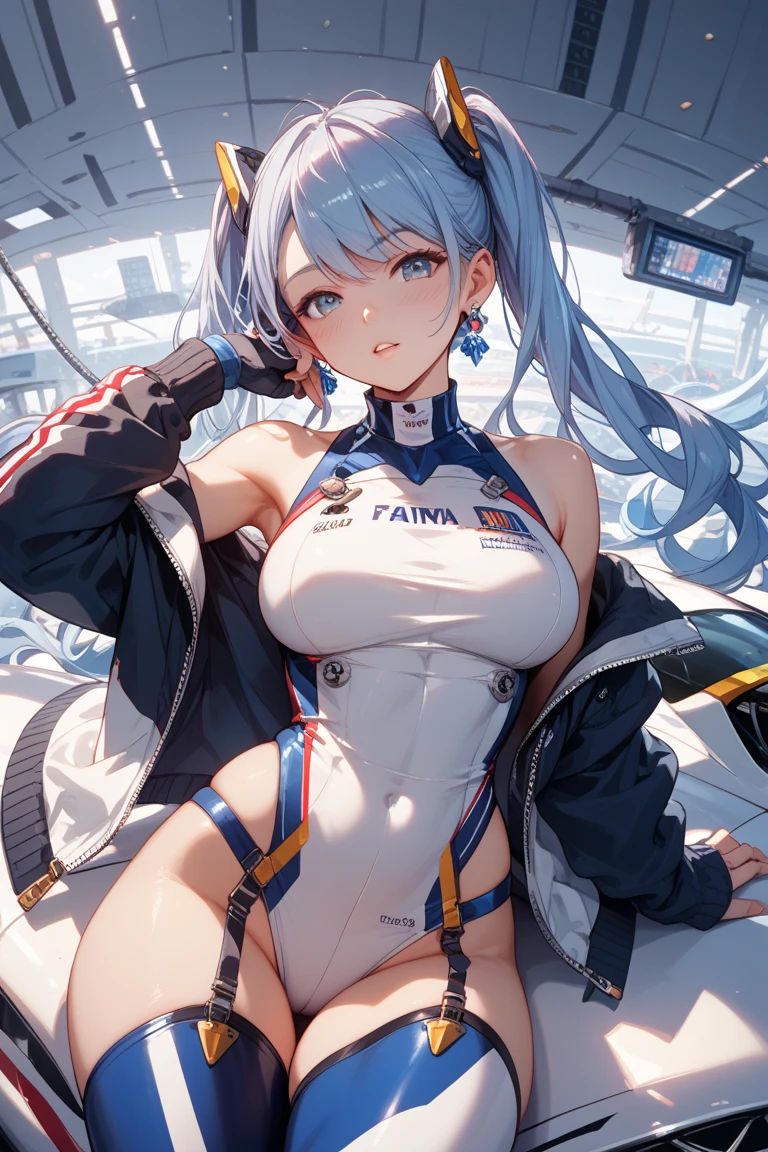 Highest quality、super high quality、16K, Sexy ass、Facial expressions are random、The location is a circuit、 Hair color is silver hair、The pose is prone.、The distance is random、Angles are random、Small face、Very delicate facial expressions、Delicate eye depiction、Highly detailed hair、Erotic、18-year-old female、Glowing Skin、Soft Skin、The only sexy Japanese woman、Race queen outfit random、