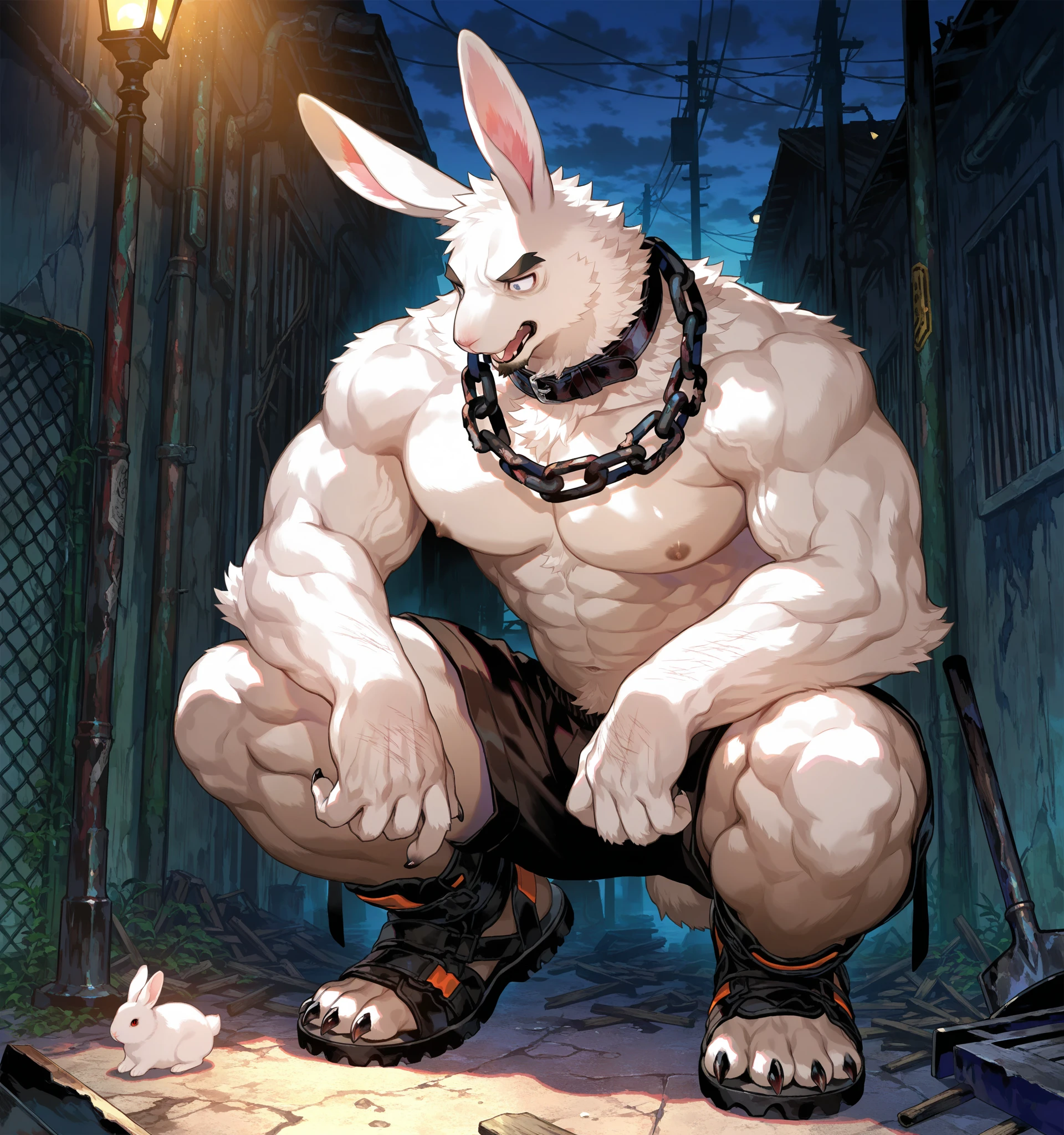 Solo, male (((rabbit, light gray rabbit, muscular, brown eyes, nipples, big chest, flustered expression, blush, ear piercing, chain collar, naked, big penis, veins, glans penis, thick))) standing, 5 fingers ((focus eyes, focus pupils, focus body, focus 5 fingers, focus collar, focus penis)) adult character, by darkgem, by mystikfox61, by glitter trap boy