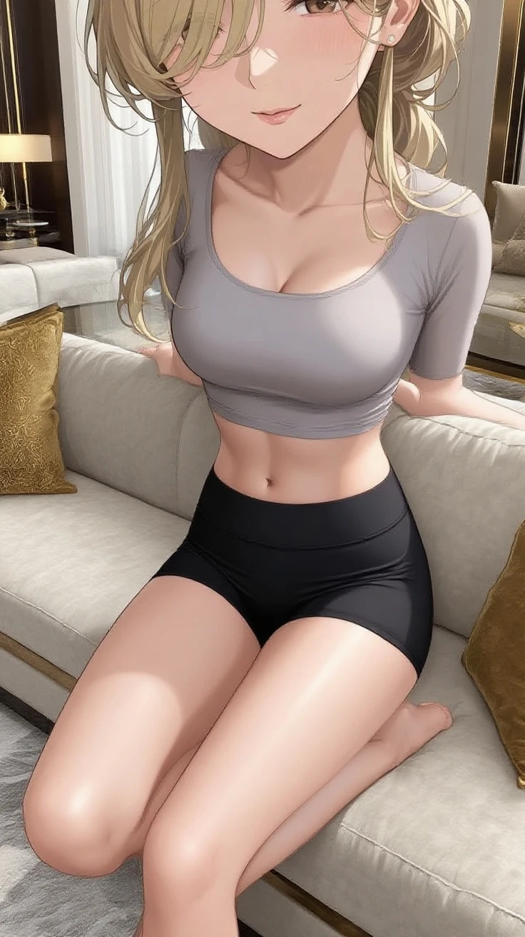 young woman, fashionable, workout clothes, high ponytail, toned body, lean, strong, tight, high cheekbones, blonde, grey eyes, sleepy, blushed, (sweaty), long lashes, ((sweaty)), home, lying on the couch, wet marks on panties, soaking wet pants, throbbing pussy,, moaning, undone bra, tits visible, panties down, pussy visible, horny, aroused