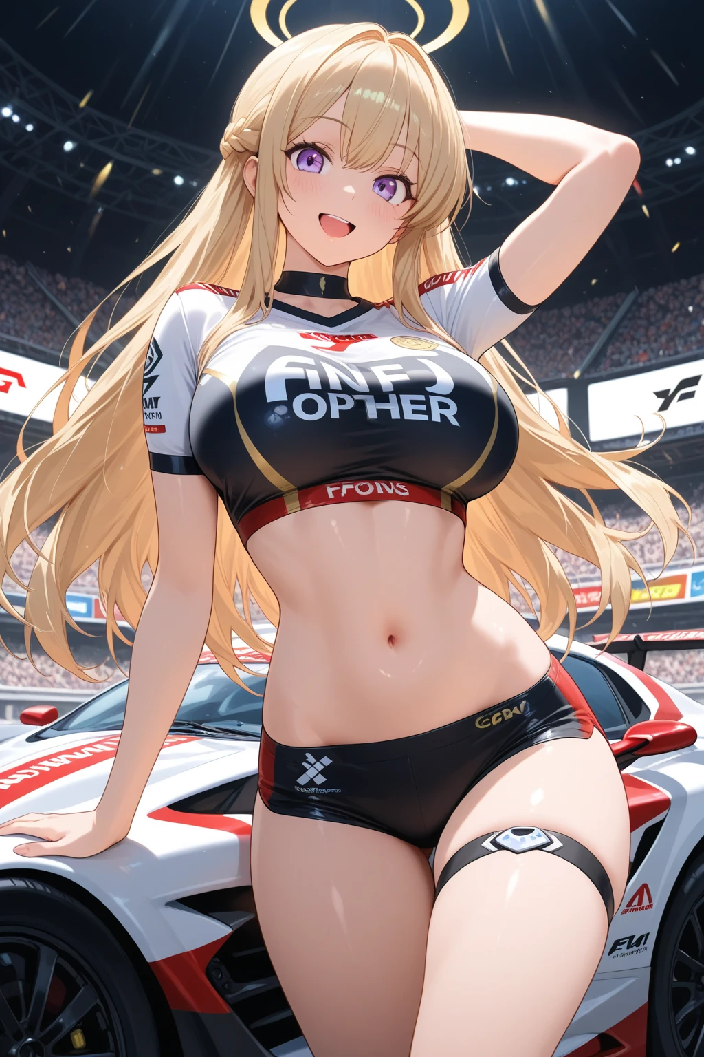 A topless girl wearing racing pants