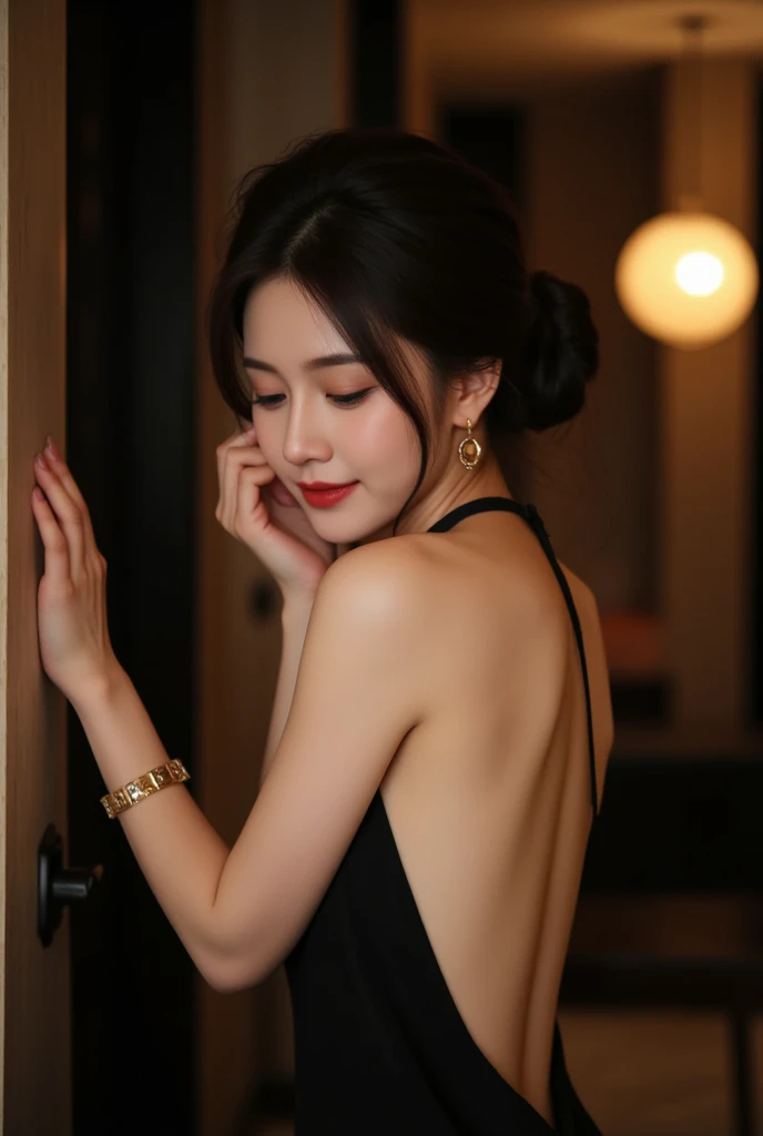 (tmasterpiece,high qulity,real photograph),Complicated details,Fantastical Atmosphere,Colorful effects,A pure and beautiful girl,Delicate and detailed face and eyes,Delicate makeup,Clavicle chain,Long black stockings,Silk skirt,Sexy back,Balcony background,The night is sultry,Contre-Jour,(Herrills F2 55)