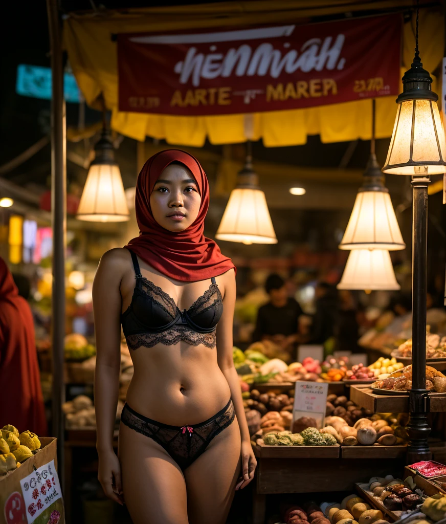 a javanese teenage girl in hijab and dark red lace bra and panties catwalk in front of crowded bustling jogjakarta streets, serious face, nighttime, 35mm lens, establishing shot, pastel color grading, depth of field cinematography effect, film noir genre, 8k resolution, high quality, ultra detail