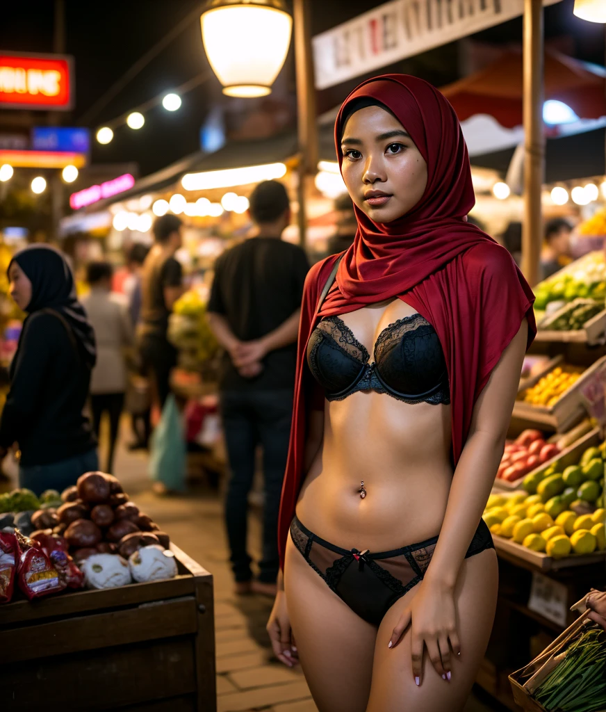 Vietnam girl wearing hijab, laughing, happy, holding handbag, dark skin, blue floral lace bra and panties in night market, beautiful face, body, bright lighting, nighttime, 35mm lense, low angle Shot, Deep Focus cinematography effect, Natural Lighting, cool-toned color grading, high quality, ultra detail, 8k resolution,