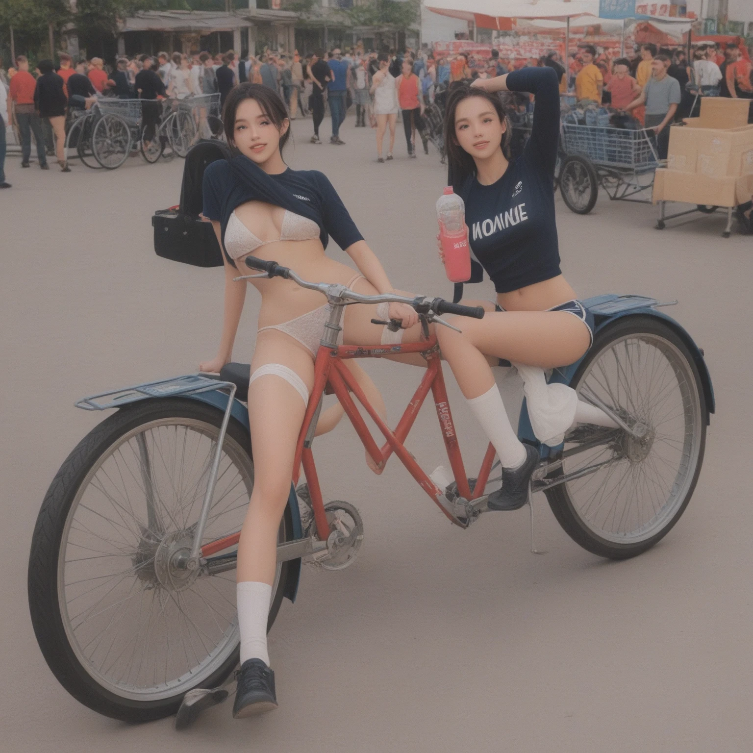 two asian women are sitting in the back of a car, alena aenami and lilia alvarado, bottom angle, on a parking lot, two girls, two models in the frame, sakimichan hdri, ayami kojima and lyde caldwell, bottom shot, 5 0 0 px models, & jeehyung lee & wlop, russian and japanese mix