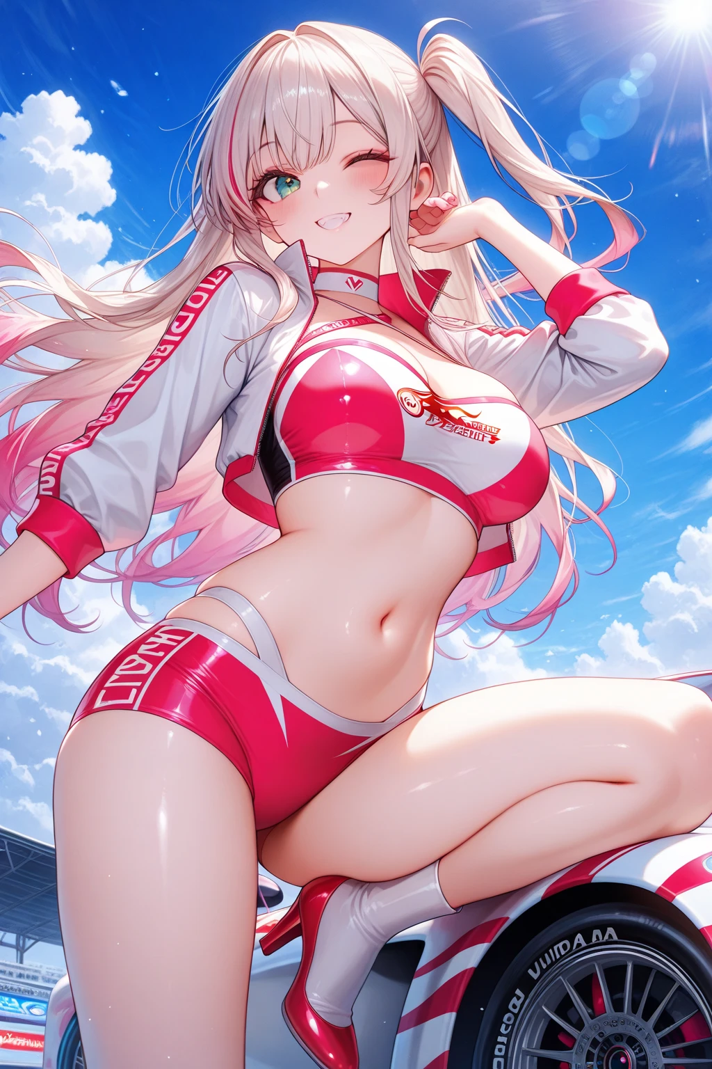 (Photorealistic: 1.4), Best Quality, Ultra High Resolution, 4K, Instagram, High Detailed, Alice (Nikke), Pink Bodysuit, Animal Ears, Artificial Animal Ears, Gloves, Headphones, Headset, Jacket, Pink Bikini, Pink Eyes, White Hair, VirtualGirl-Aim, ,Normal Breasts, Normal Thigh, Long Hair, Crystal Pendant, Smile,
