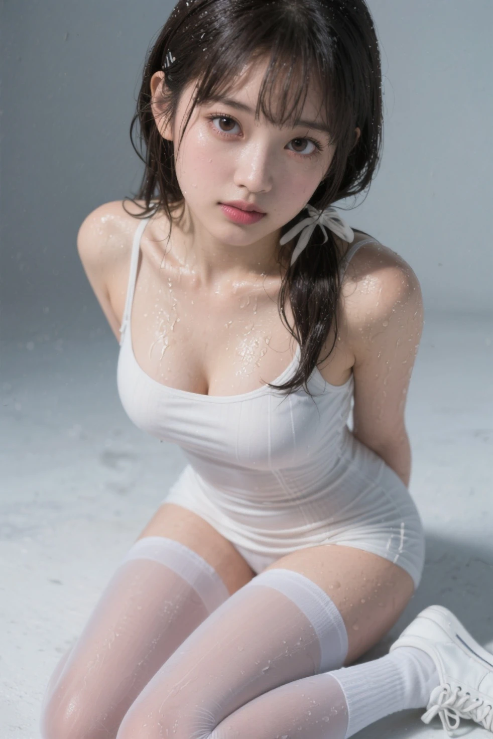 picture of a girl in a soaked white torn tennis wear, (solo), white sneakers, (kpop idol), ((crying)), (damaged:1.7)((miniskirt)), wet pantie, (erectnipples:1.5), natural((medium breasts)), masterpiece, realistic, hyper-detailed, (glossy skin, sweaty:1.4), (incontinence:1.5), absurdity, looking at viewer, short(high twintails), dark brown hair, (top quality), outdoors(blue sky, tennis court), dynamic(kneeling to sitting on the ground), (open your legs wide), ((spread legs)), from below angle((sexy, low angle, long hair, black eyes)) , (wet(see-through)), (peeing:1.4), delicate and sexy collarbone, charming oval face, double eyelids, big peach blossom eyes, pink lips, ((anger, screaming, agony, glowing eyes, sweat) ), simple background, full screen of chains, chained, ((arms up, behind head)), bondage, low angle , BDSM, Chained, Perfect figure,