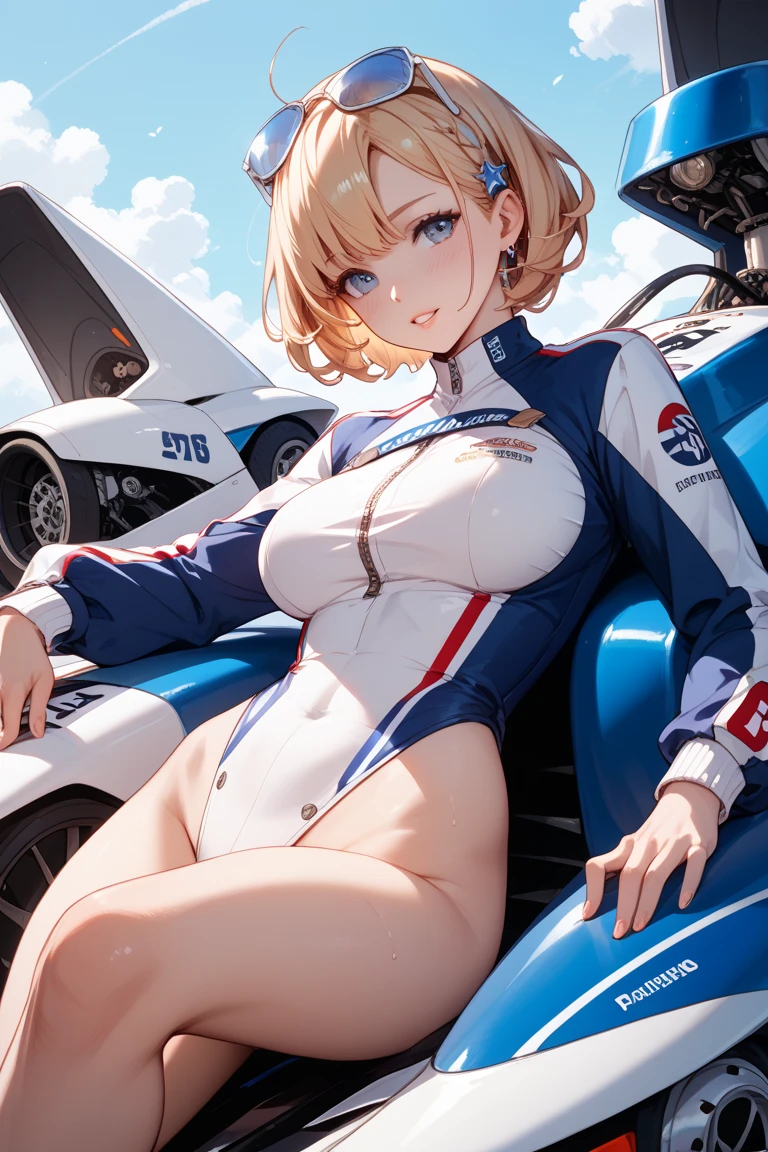  Plump girl, erotic pose,motorGP suit,supine position , open two legs wide ,4k, showing crotch area, w position 