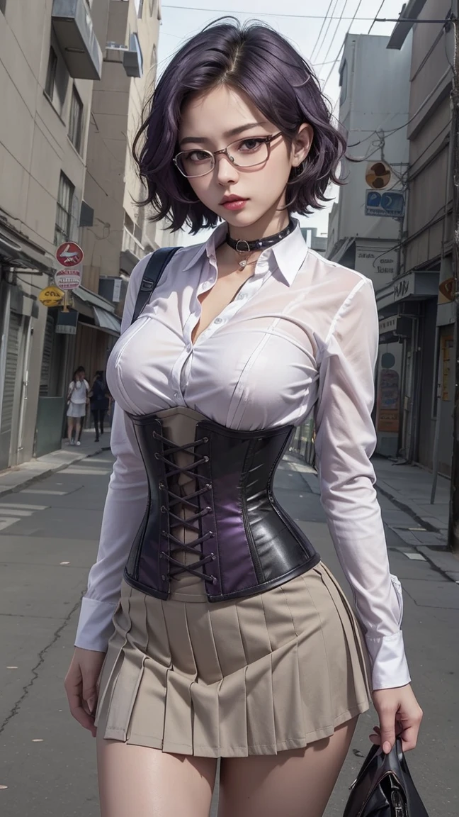 Masterpiece, best quality, (1 person: 1.3), 25 years old, short hair, colored tips, curly hair, colored glasses, earrings, gun, tie, photograph, corset, mafia style, handcuffs, wrap jacket, street, from above, (Dutch angle, fisheye), lens flare, depth of field