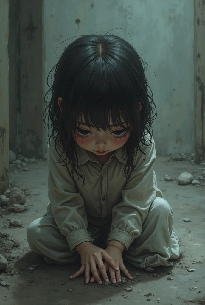 Create an image of a young girl sitting on the ground, leaning against a dark, textured wall. She is raising both hands in front of her face, fingers spread wide, as if trying to protect herself from an unseen threat. Her posture should convey fear and vulnerability. The background should be blurred to keep the focus on the girl’s hands and the faint outline of her face. The lighting should be soft but highlight the hands and the contours of her face, emphasizing the overall mood of distress and fear.