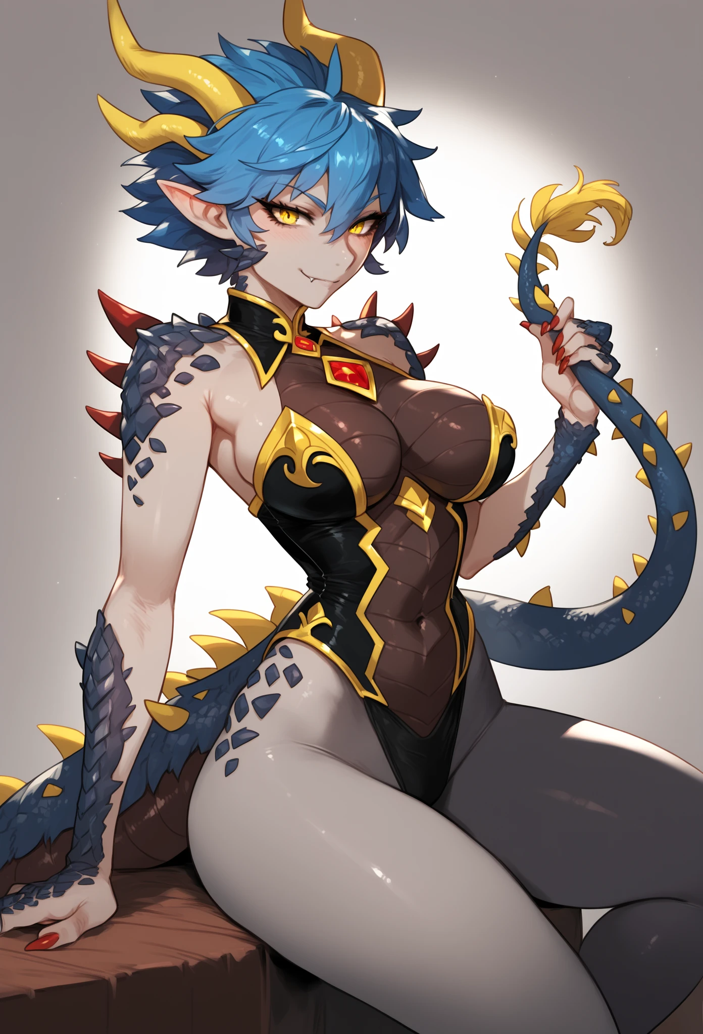 Busty female reptile, Covered with shiny blue scales. golden dragon horn,Wearing a smooth and simple golden sexy bikini robe. . .，Holding a long staff，Posture straight，Full body portrait，Expression smile，Large Breasts，Pure white background，Very Very Intricate Uterus Tattoo,
