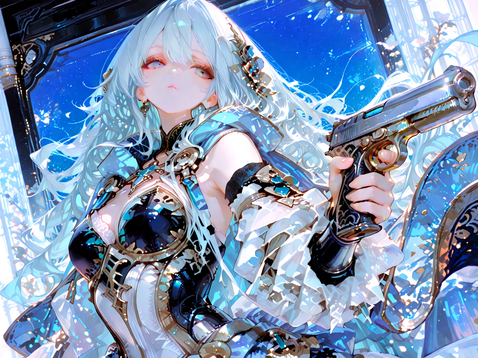 High definition RAW color art, Sculpture of an adventurer lady,  Train marble skin, High angle, chains, (((Ultra detailed elegant))), Magical atmosphere, Face Focus, Waterfall, twinkle eyes, White and white room