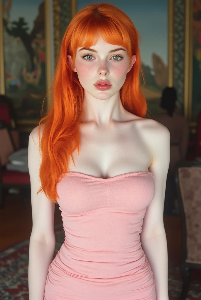 Gingerhead haired, blue eyes ,big breast , revealing dress
