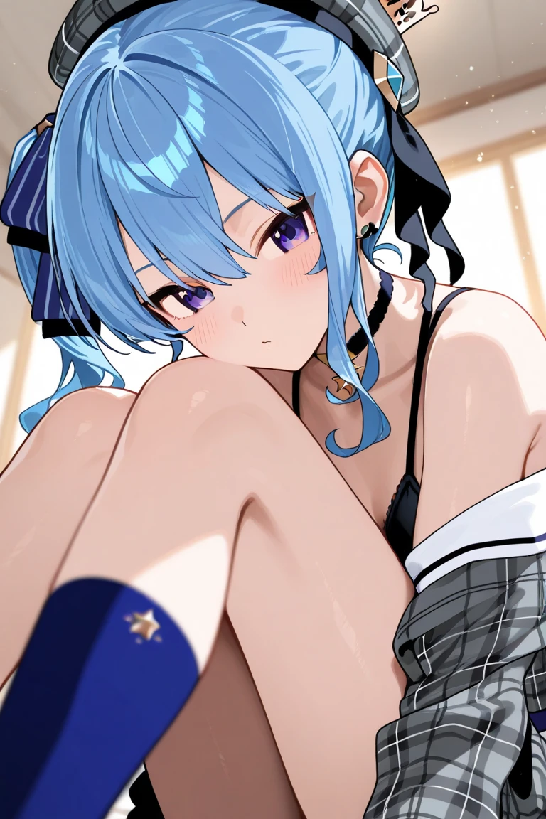 NSFW,Hoshimachi Suisei,medium hair,side tail,blue hair,small breasts,excited,I'm in heat,fine lingerie,1 male,sex,Creampie,clenched teeth,Love hotel at night
